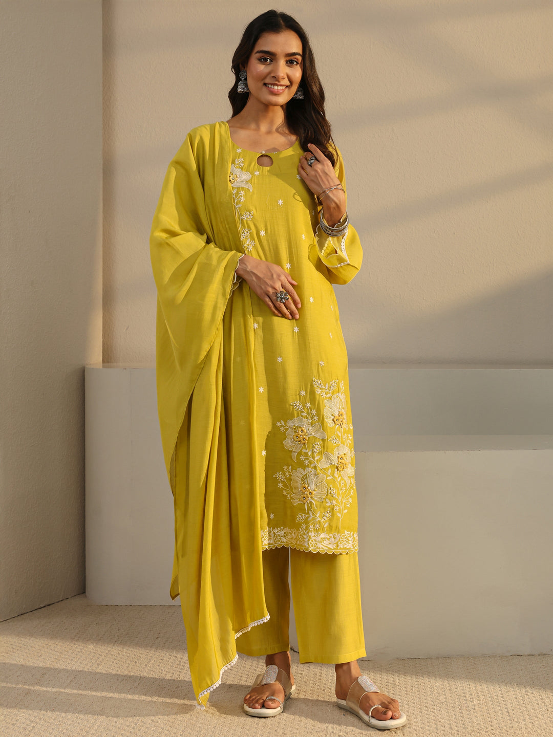  Mustard Floral Embroidered Chanderi Silk Straight Suit Set With Dupatta 