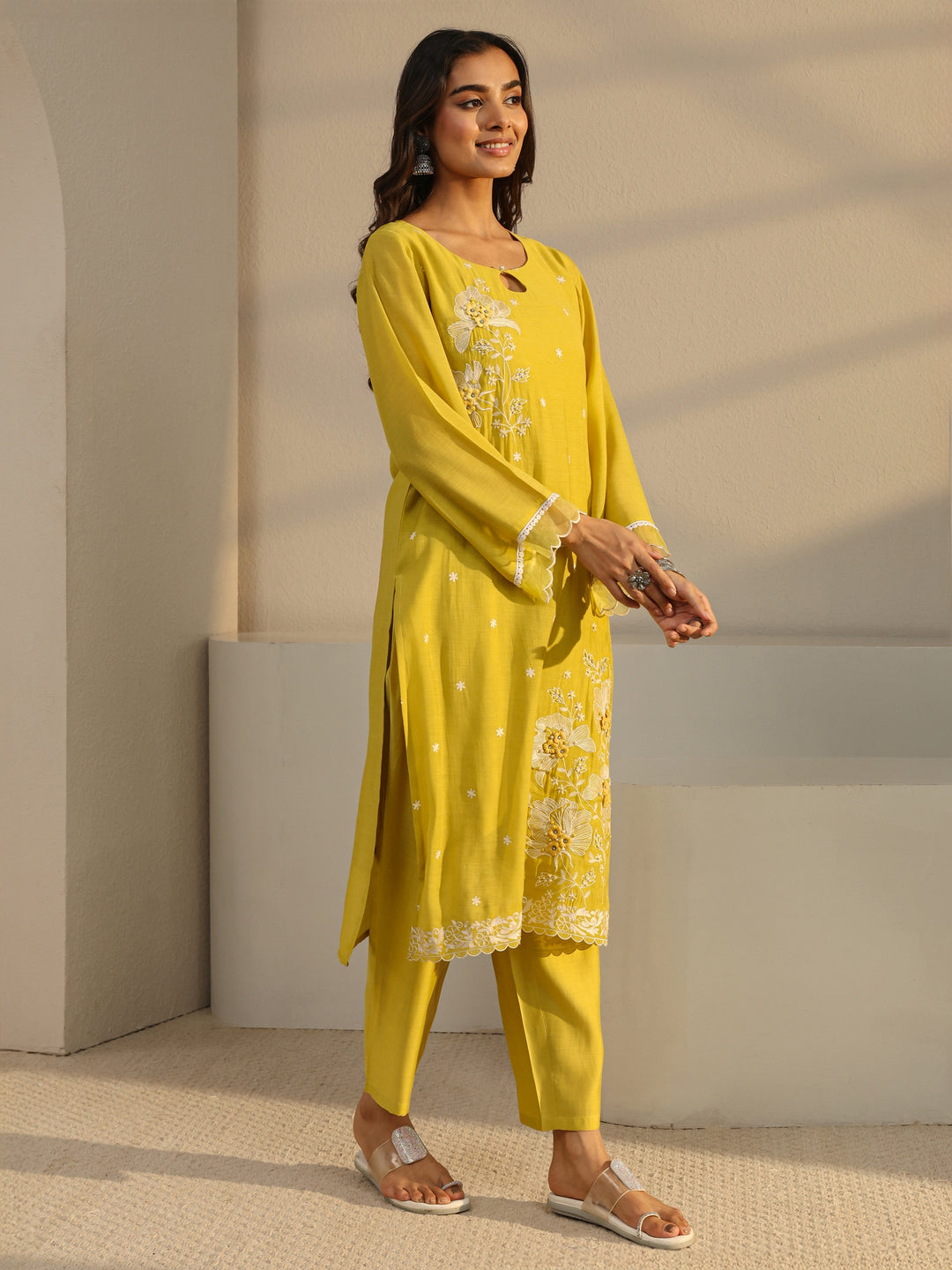  Mustard Floral Embroidered Chanderi Silk Straight Suit Set With Dupatta 