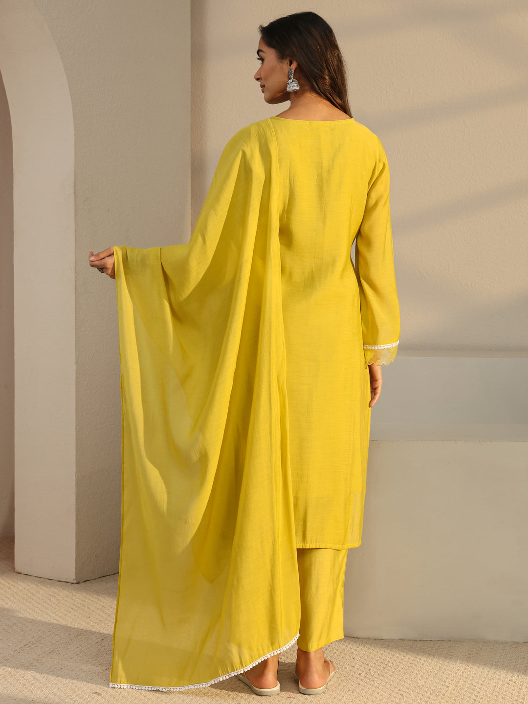  Mustard Floral Embroidered Chanderi Silk Straight Suit Set With Dupatta 