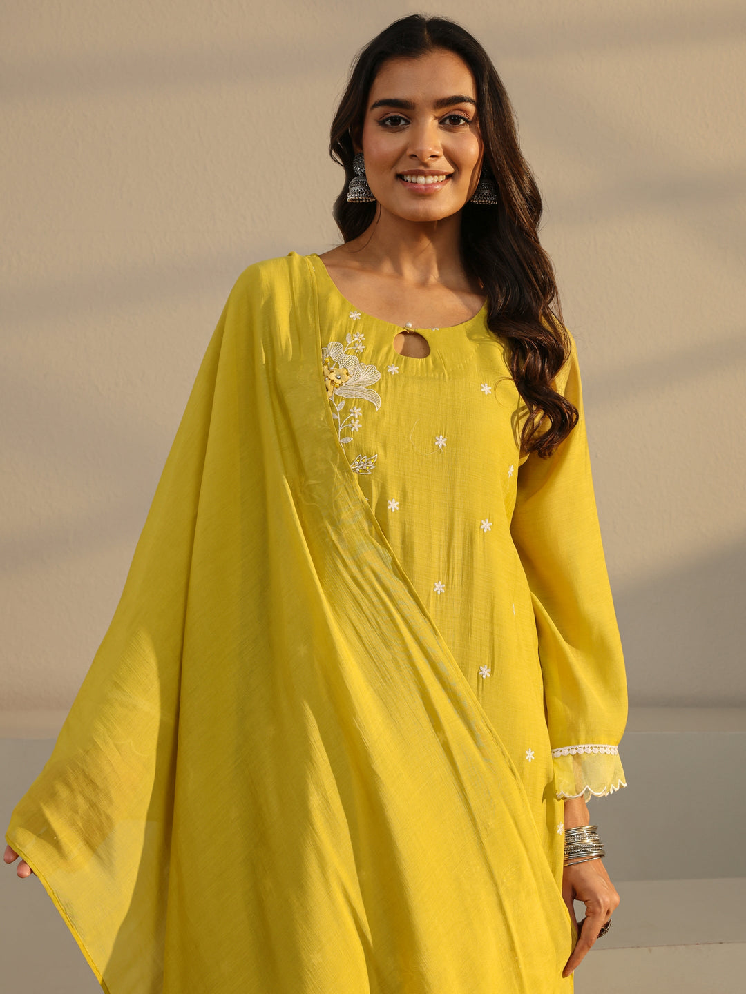  Mustard Floral Embroidered Chanderi Silk Straight Suit Set With Dupatta 