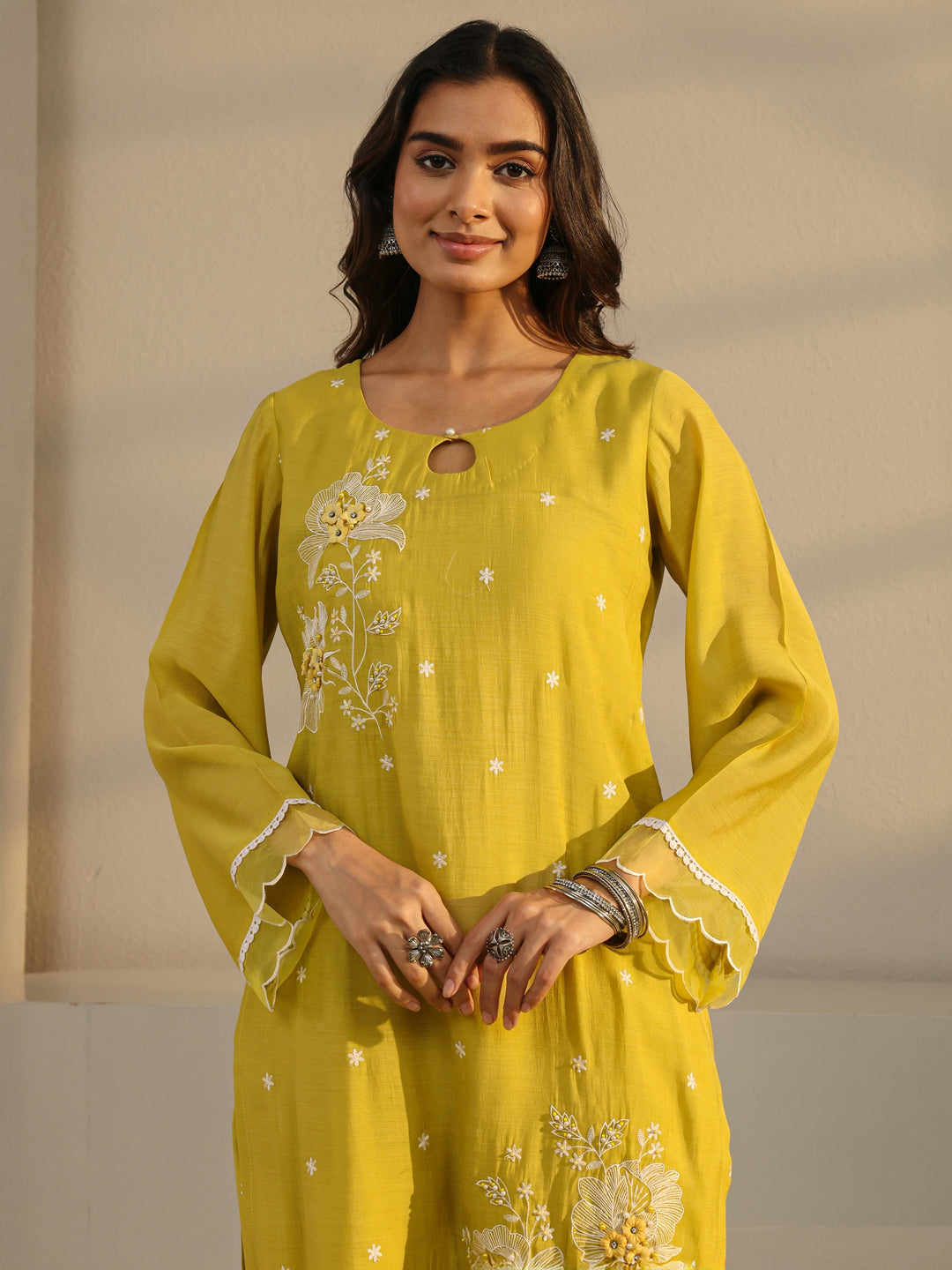  Mustard Floral Embroidered Chanderi Silk Straight Suit Set With Dupatta 