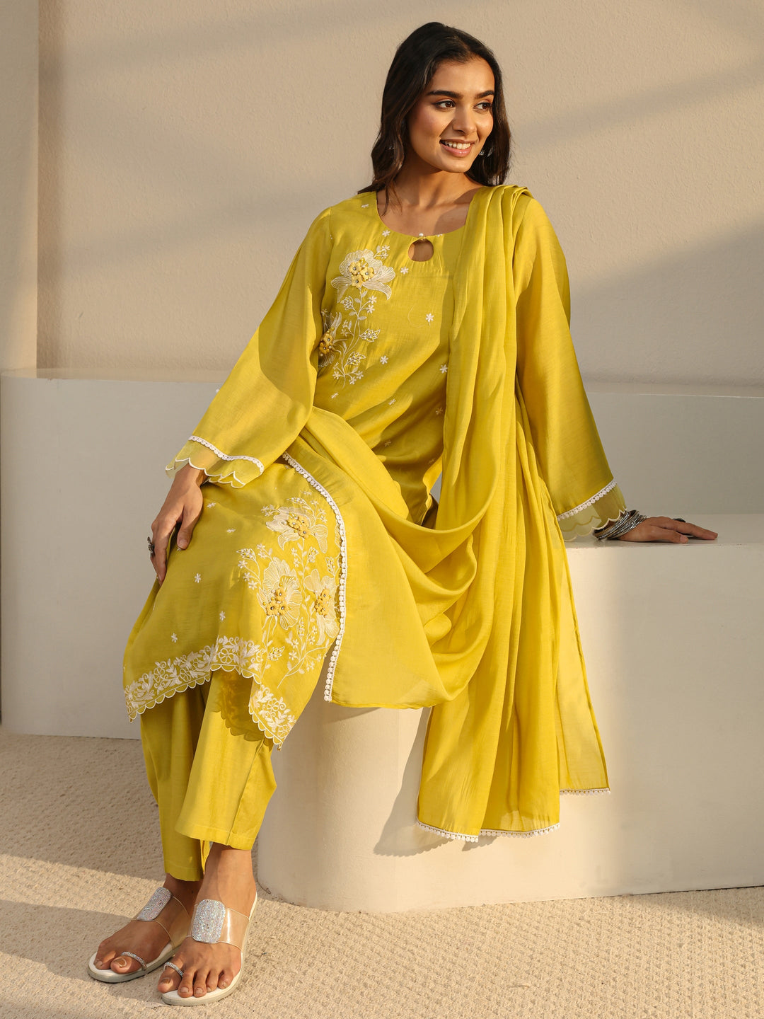  Mustard Floral Embroidered Chanderi Silk Straight Suit Set With Dupatta 