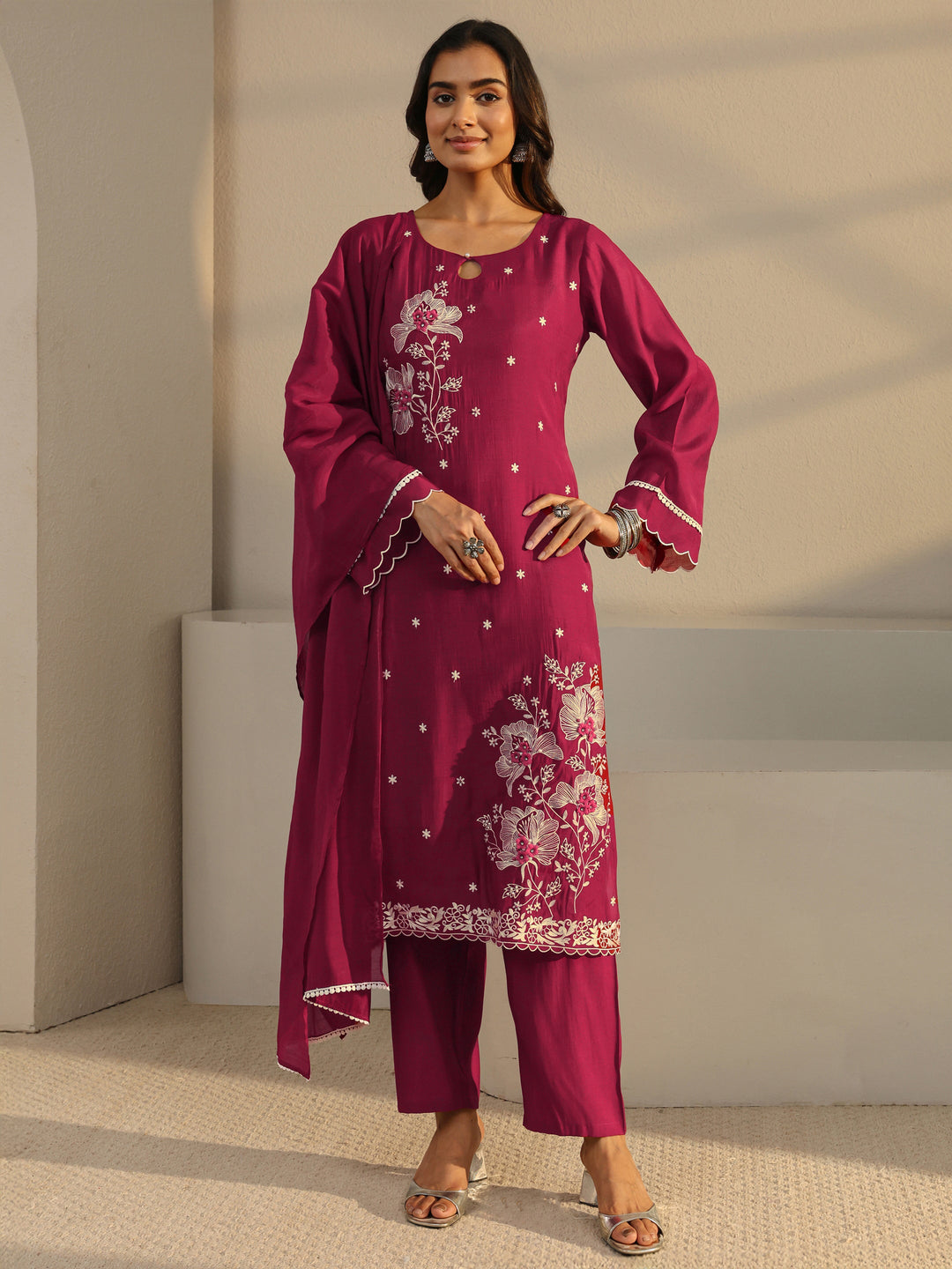  Maroon Floral Embroidered Chanderi Silk Straight Suit Set With Dupatta 