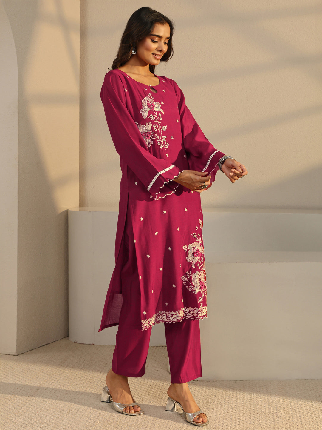  Maroon Floral Embroidered Chanderi Silk Straight Suit Set With Dupatta 