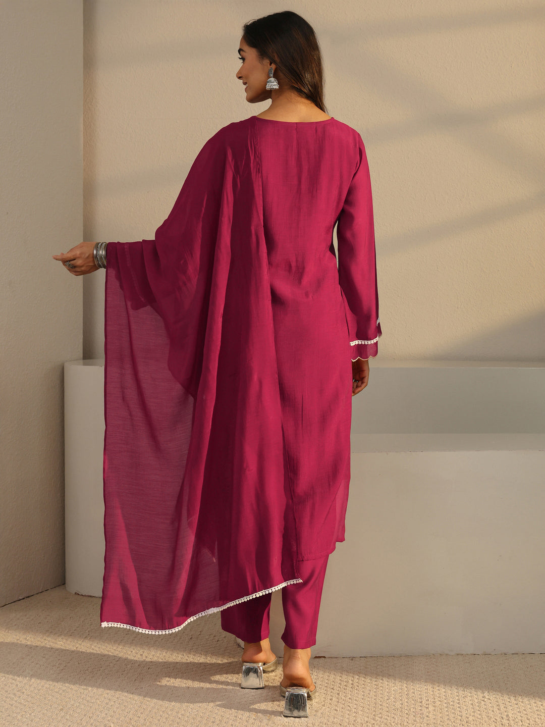  Maroon Floral Embroidered Chanderi Silk Straight Suit Set With Dupatta 