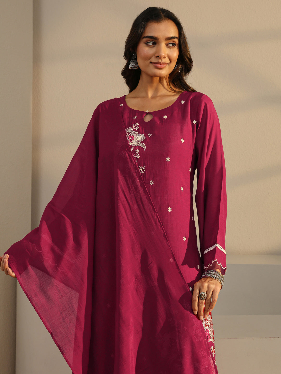  Maroon Floral Embroidered Chanderi Silk Straight Suit Set With Dupatta 