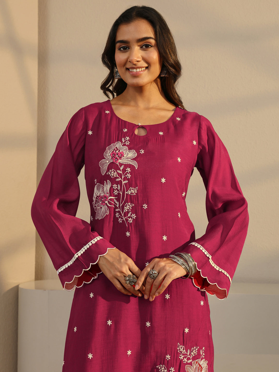  Maroon Floral Embroidered Chanderi Silk Straight Suit Set With Dupatta 