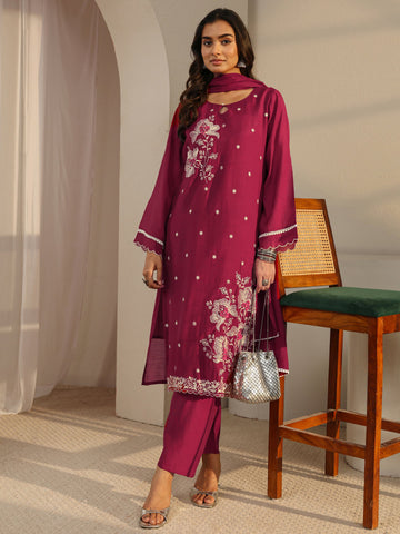 Libas Maroon Floral Embroidered Chanderi Silk Straight Suit Set
