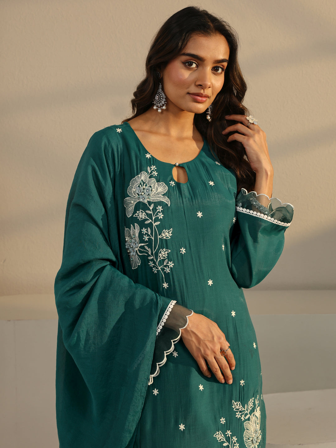  Green Floral Embroidered Chanderi Silk Straight Suit Set With Dupatta 