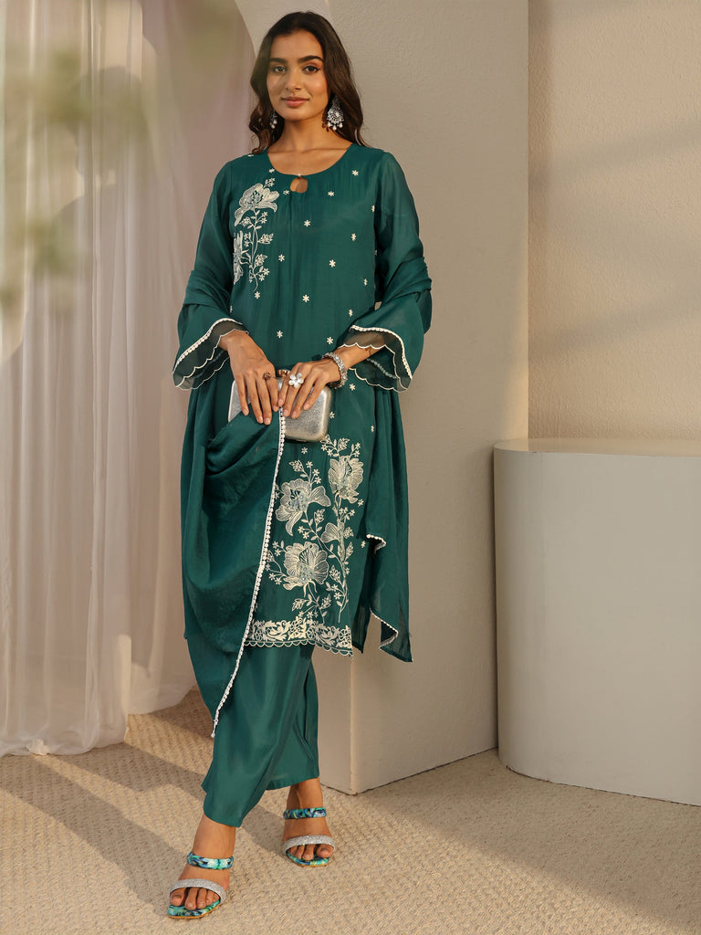 Libas Green Floral Embroidered Chanderi Silk Straight Suit Set