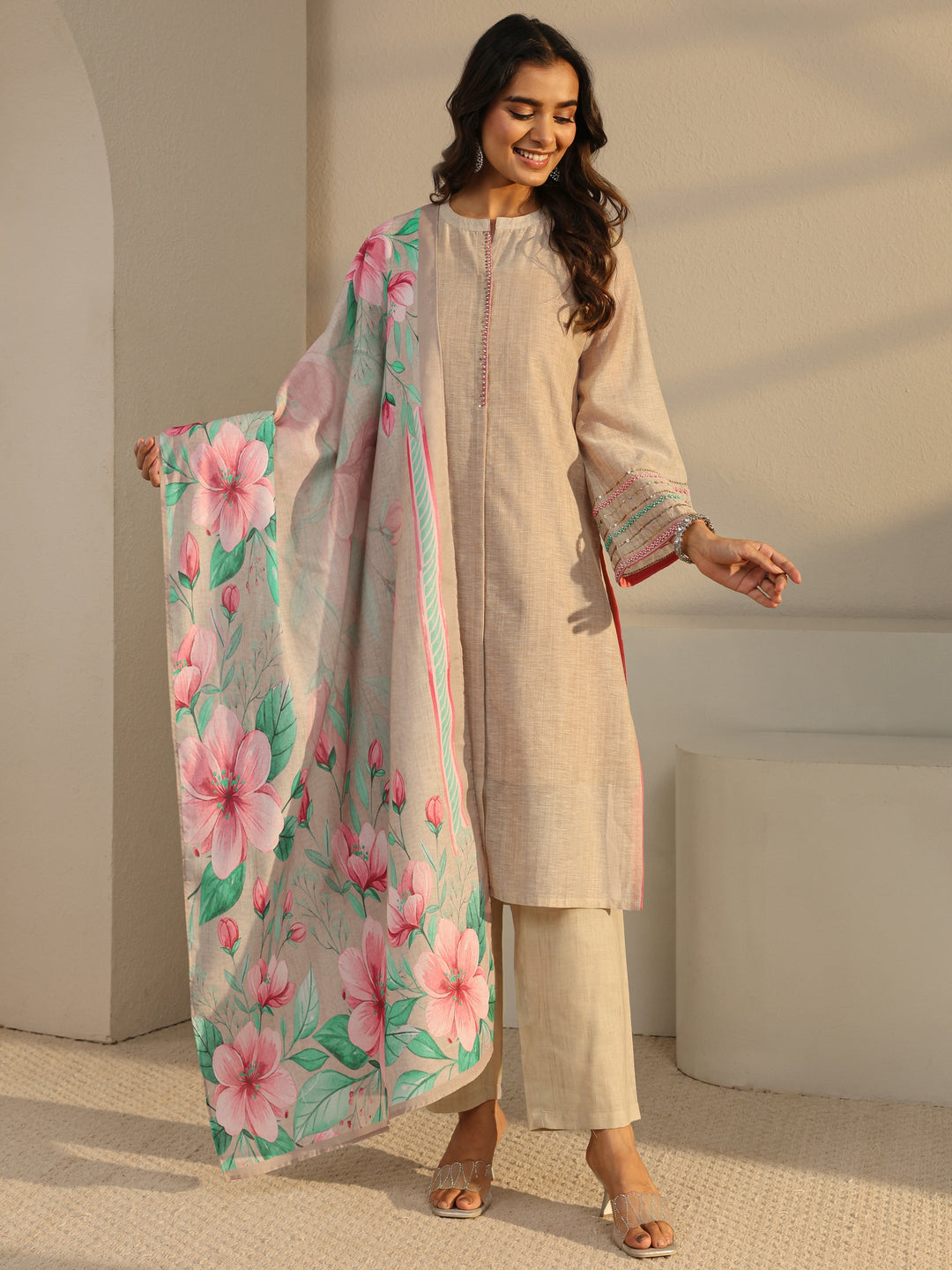  Beige Solid Linen Straight Suit Set With Dupatta 