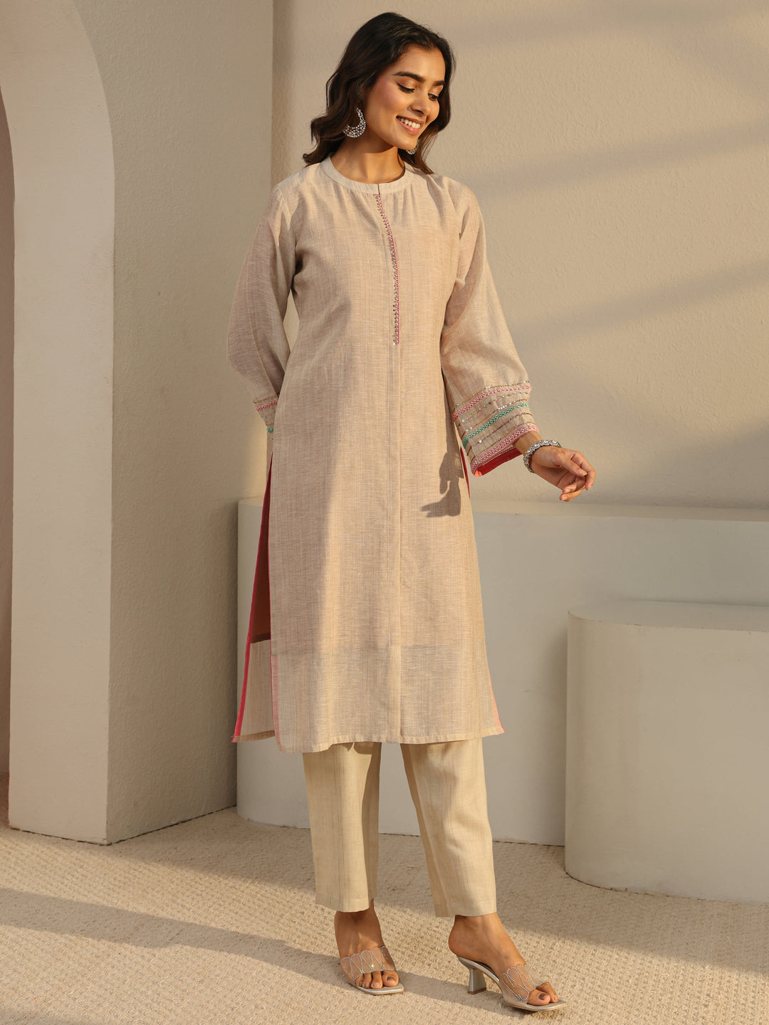  Beige Solid Linen Straight Suit Set With Dupatta 