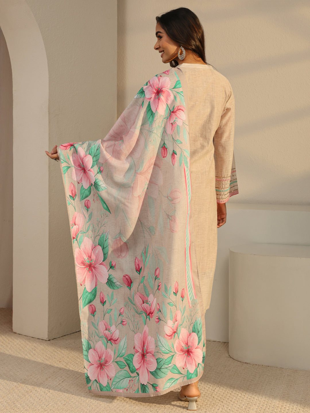  Beige Solid Linen Straight Suit Set With Dupatta 
