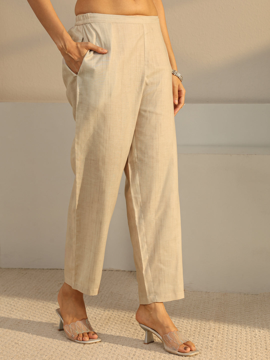  Beige Solid Linen Straight Suit Set With Dupatta 
