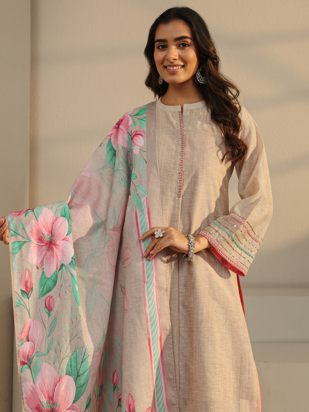  Beige Solid Linen Straight Suit Set With Dupatta 