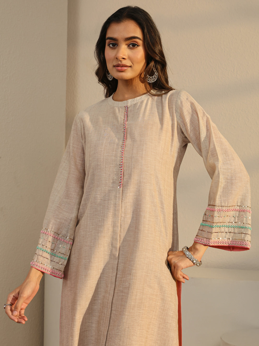  Beige Solid Linen Straight Suit Set With Dupatta 