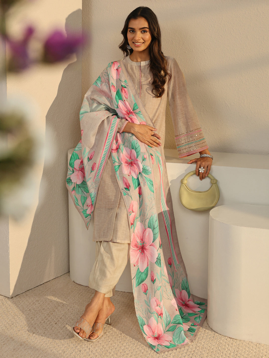  Beige Solid Linen Straight Suit Set With Dupatta 