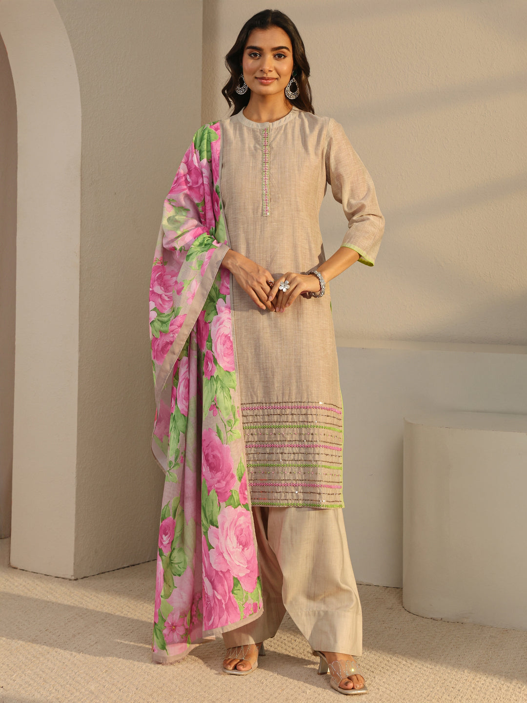  Beige Solid Linen Straight Suit Set With Dupatta 