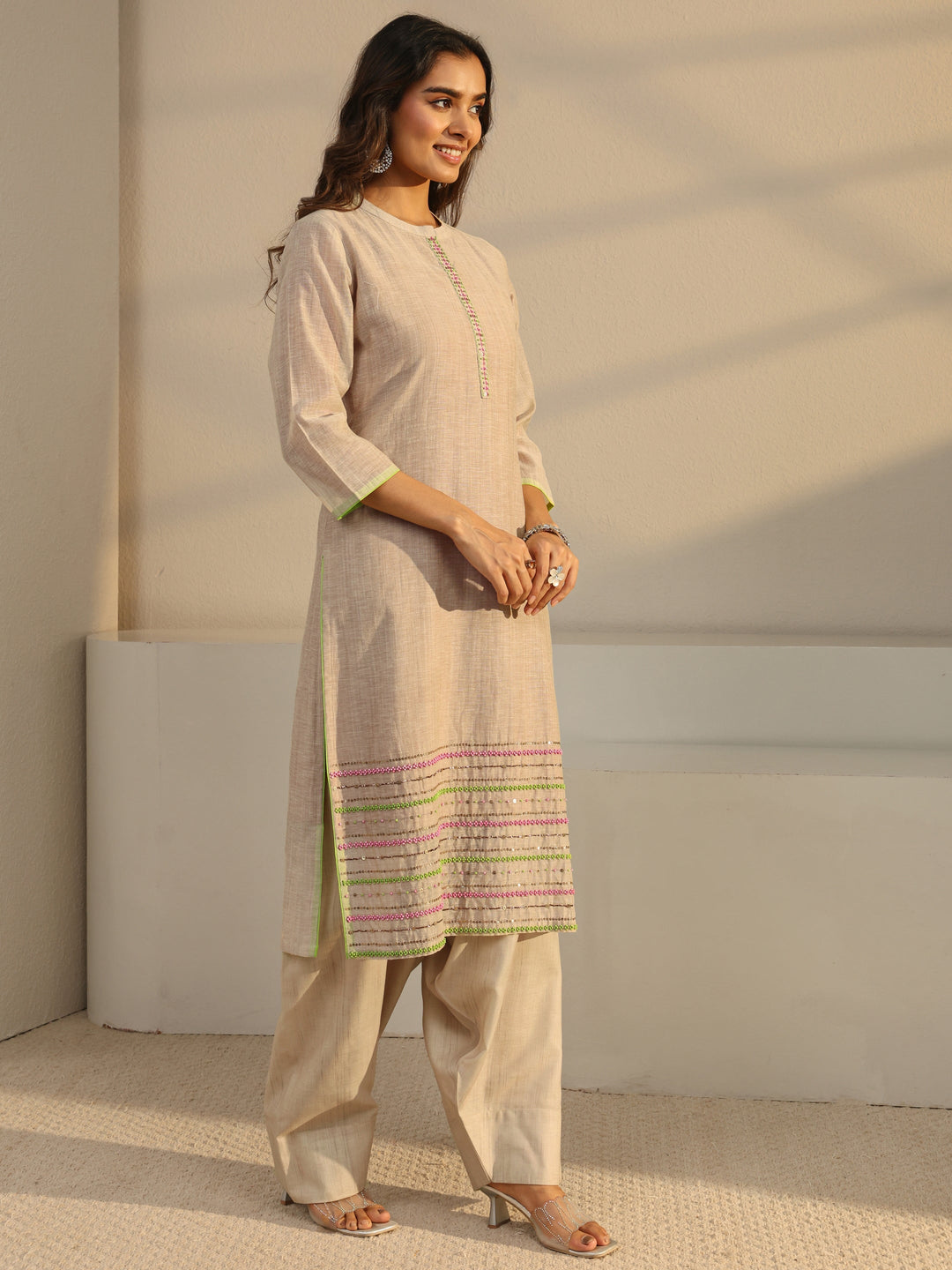  Beige Solid Linen Straight Suit Set With Dupatta 