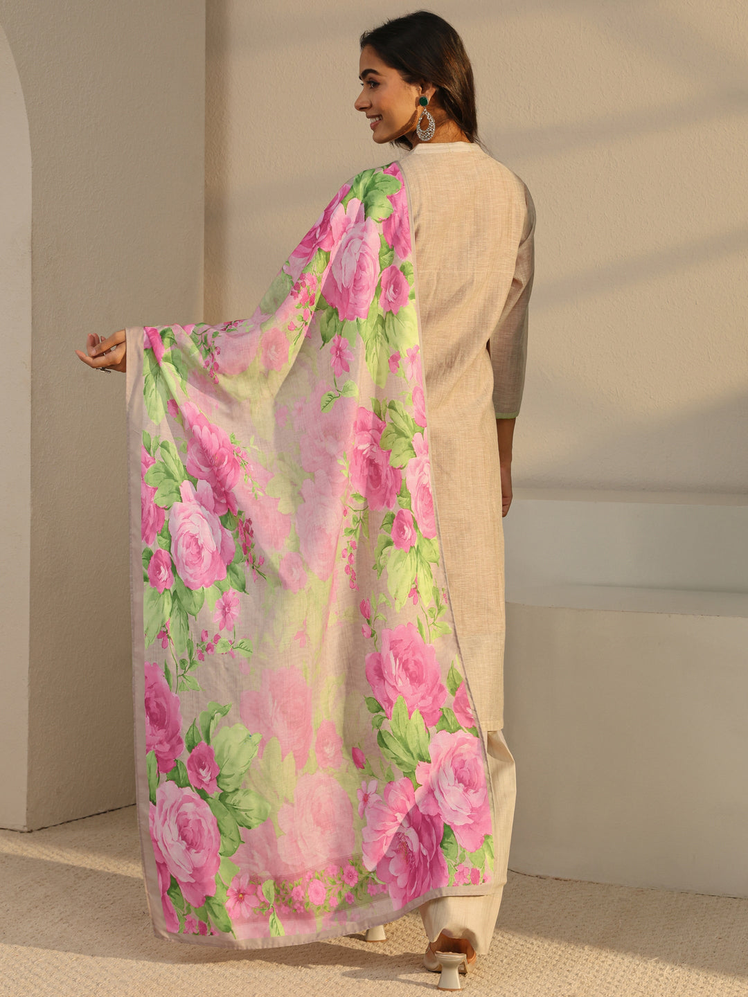  Beige Solid Linen Straight Suit Set With Dupatta 