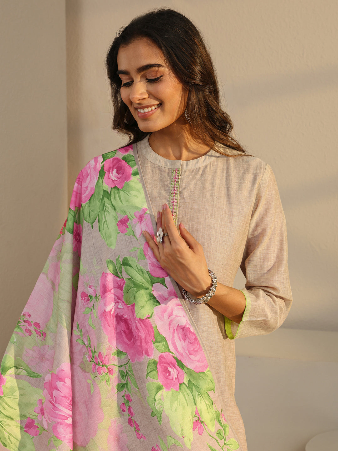  Beige Solid Linen Straight Suit Set With Dupatta 