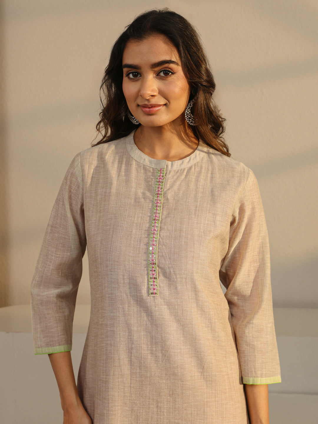  Beige Solid Linen Straight Suit Set With Dupatta 