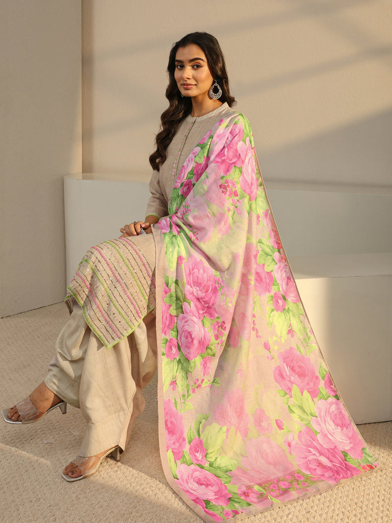 Libas Beige Solid Linen Straight Suit Set