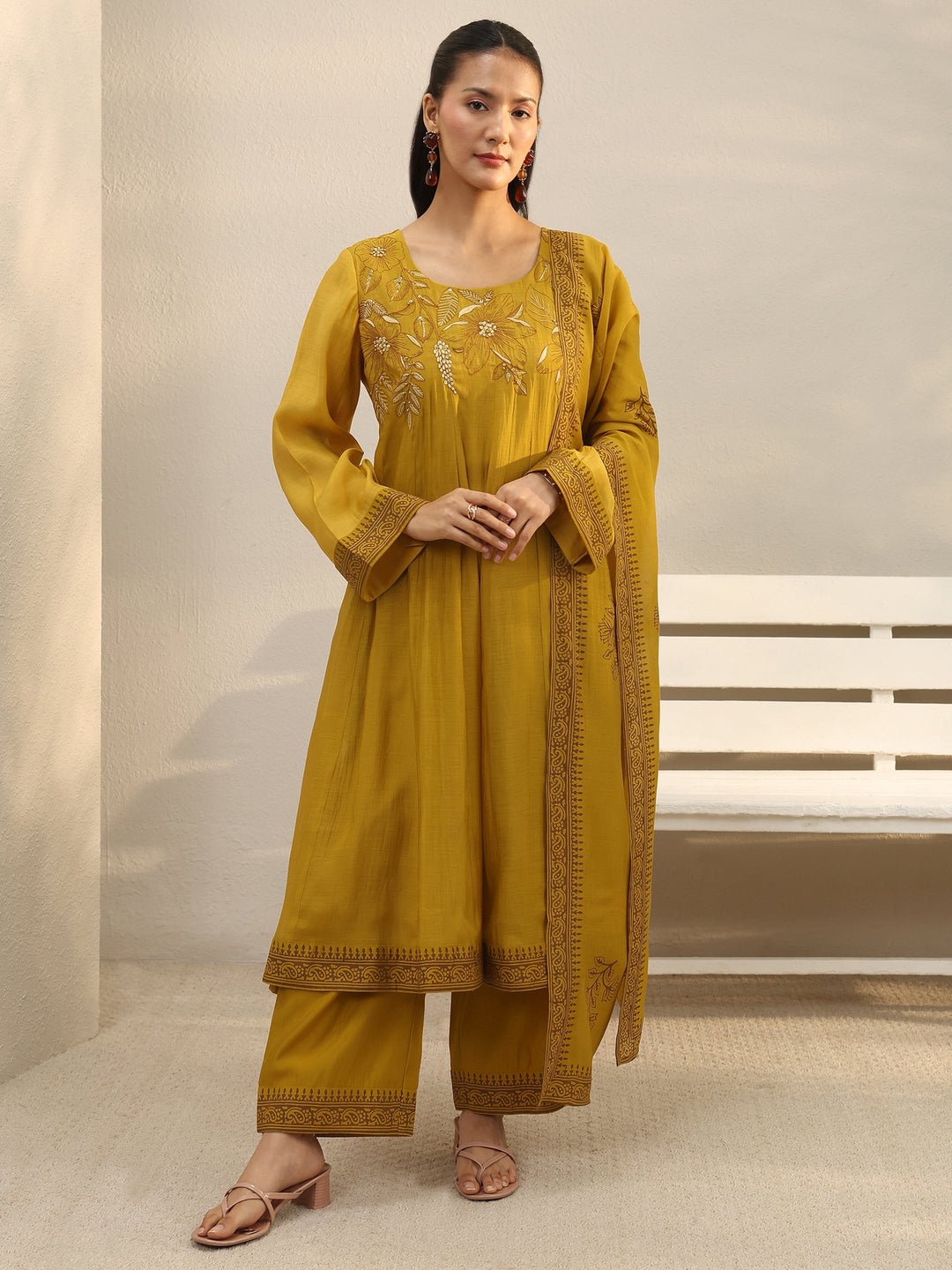  Mustard Floral Embroidered Chanderi Silk A-Line Suit Set 