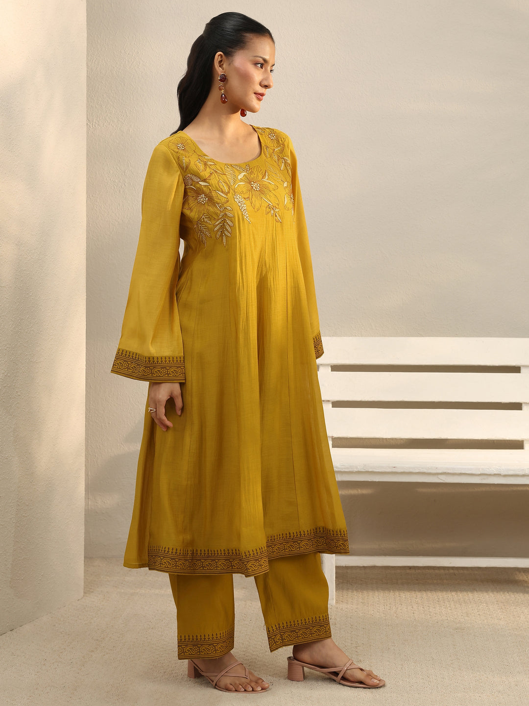  Mustard Floral Embroidered Chanderi Silk A-Line Suit Set 