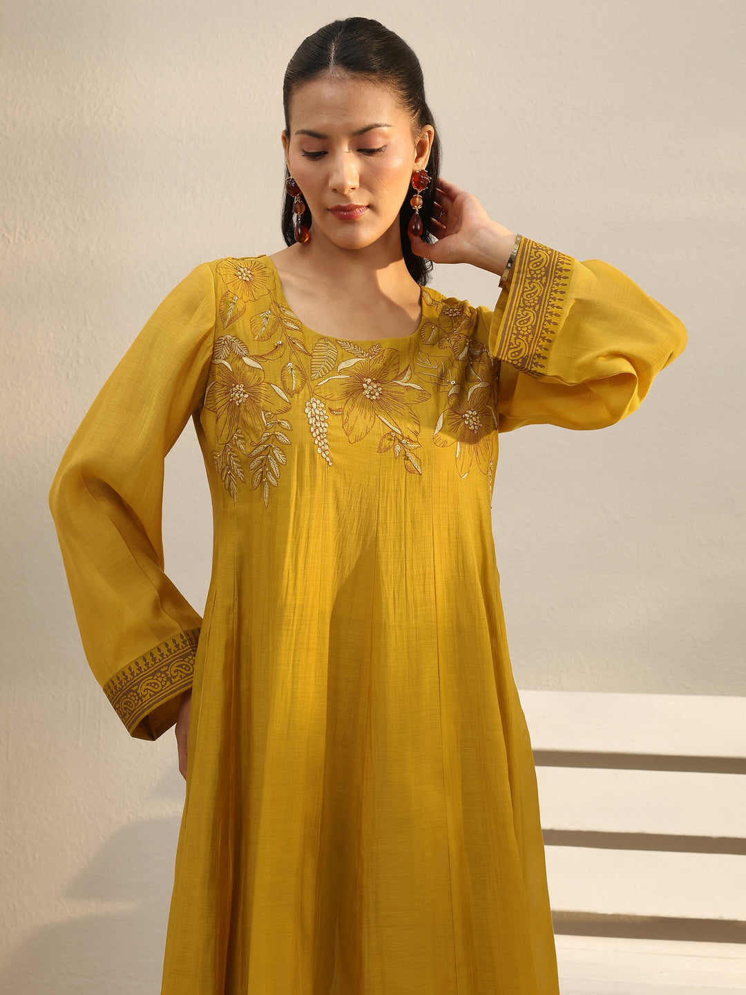  Mustard Floral Embroidered Chanderi Silk A-Line Suit Set 