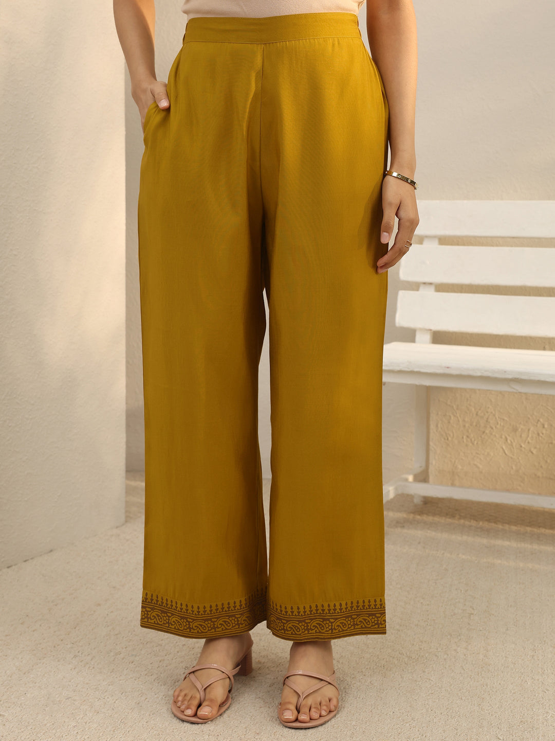  Mustard Floral Embroidered Chanderi Silk A-Line Suit Set 