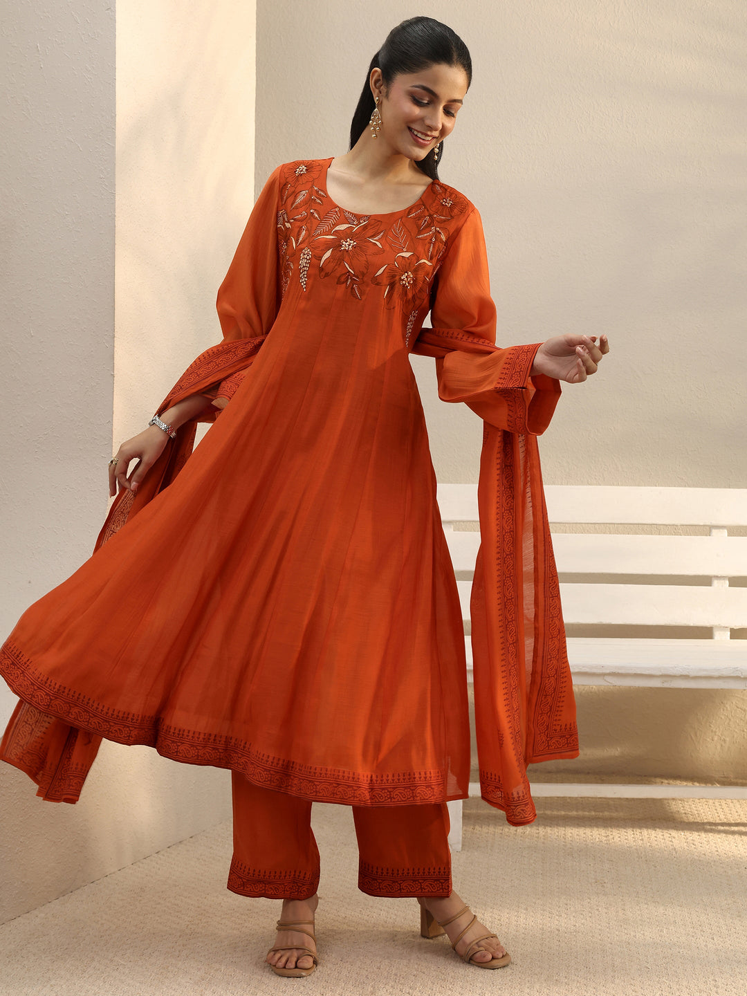  Orange Floral Embroidered Chanderi Silk A-Line Suit Set 