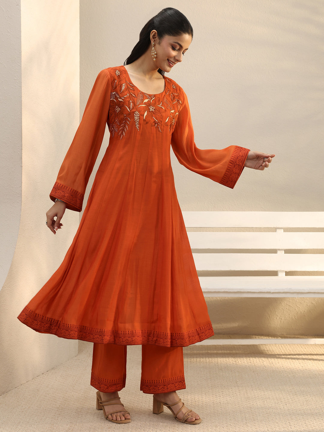  Orange Floral Embroidered Chanderi Silk A-Line Suit Set 