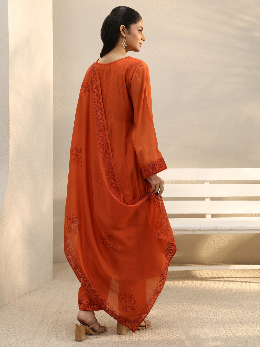  Orange Floral Embroidered Chanderi Silk A-Line Suit Set 