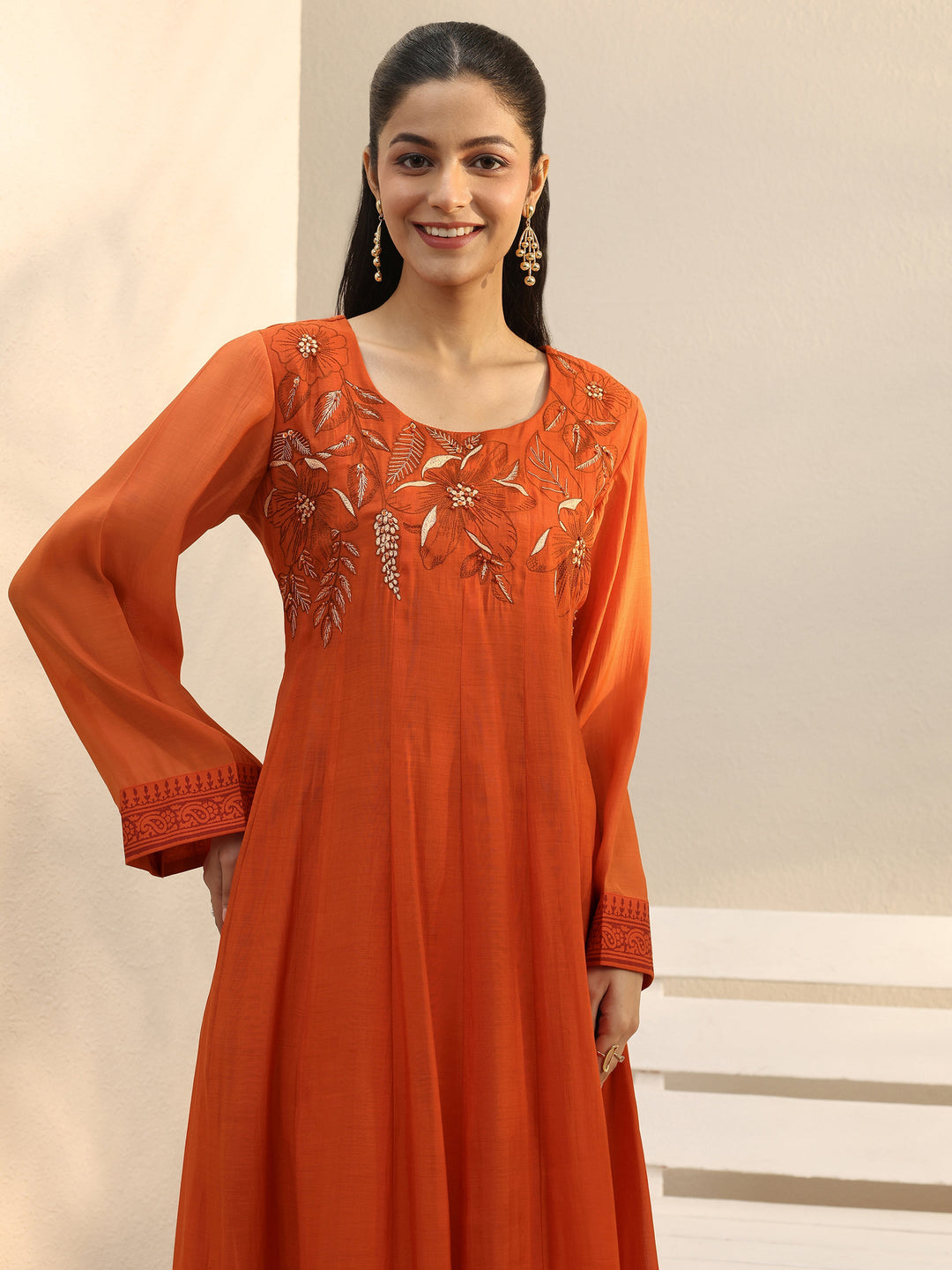  Orange Floral Embroidered Chanderi Silk A-Line Suit Set 