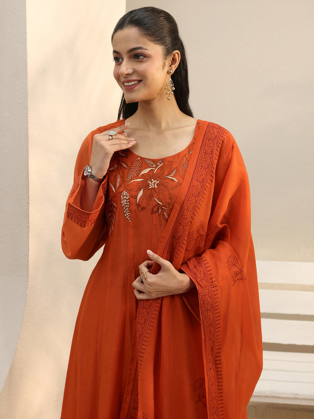  Orange Floral Embroidered Chanderi Silk A-Line Suit Set 