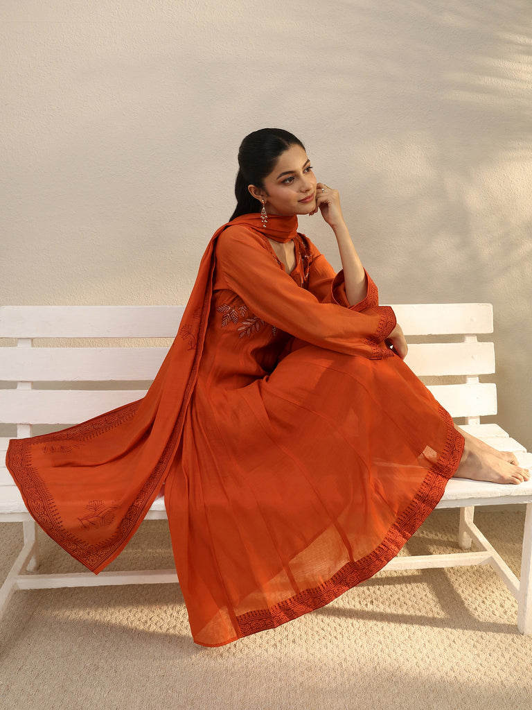 Libas Orange Floral Embroidered Chanderi Silk A-Line Suit Set