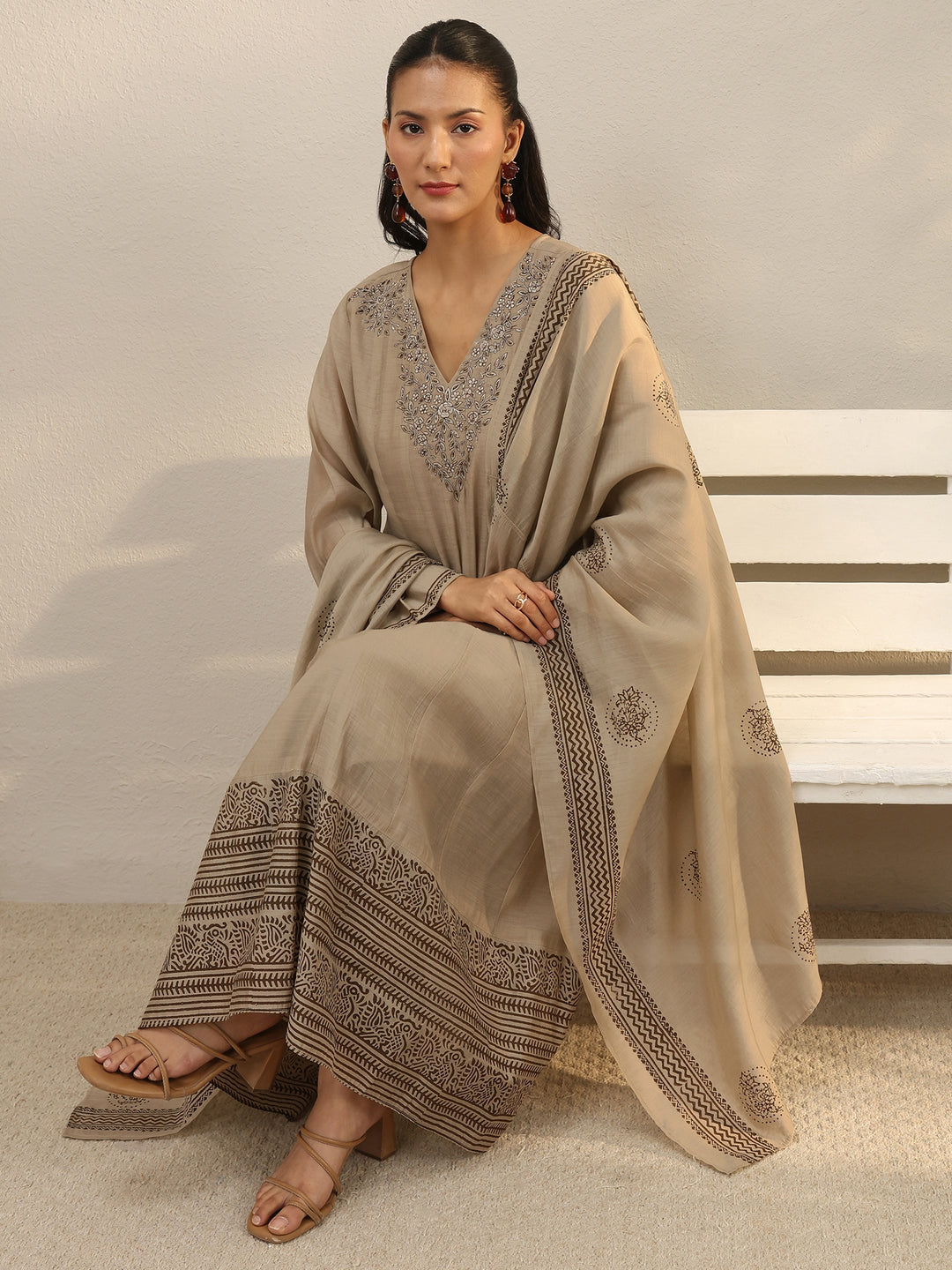  Beige Printed Chanderi Silk A-Line Suit Set 