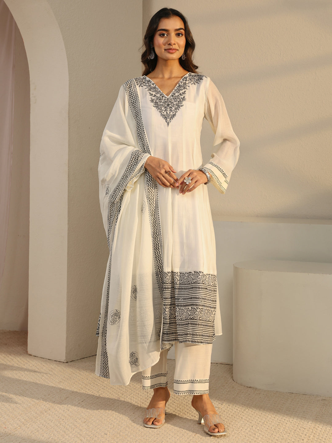  White Floral Yoke Design Chanderi Silk A-Line Suit Set With Dupatta 