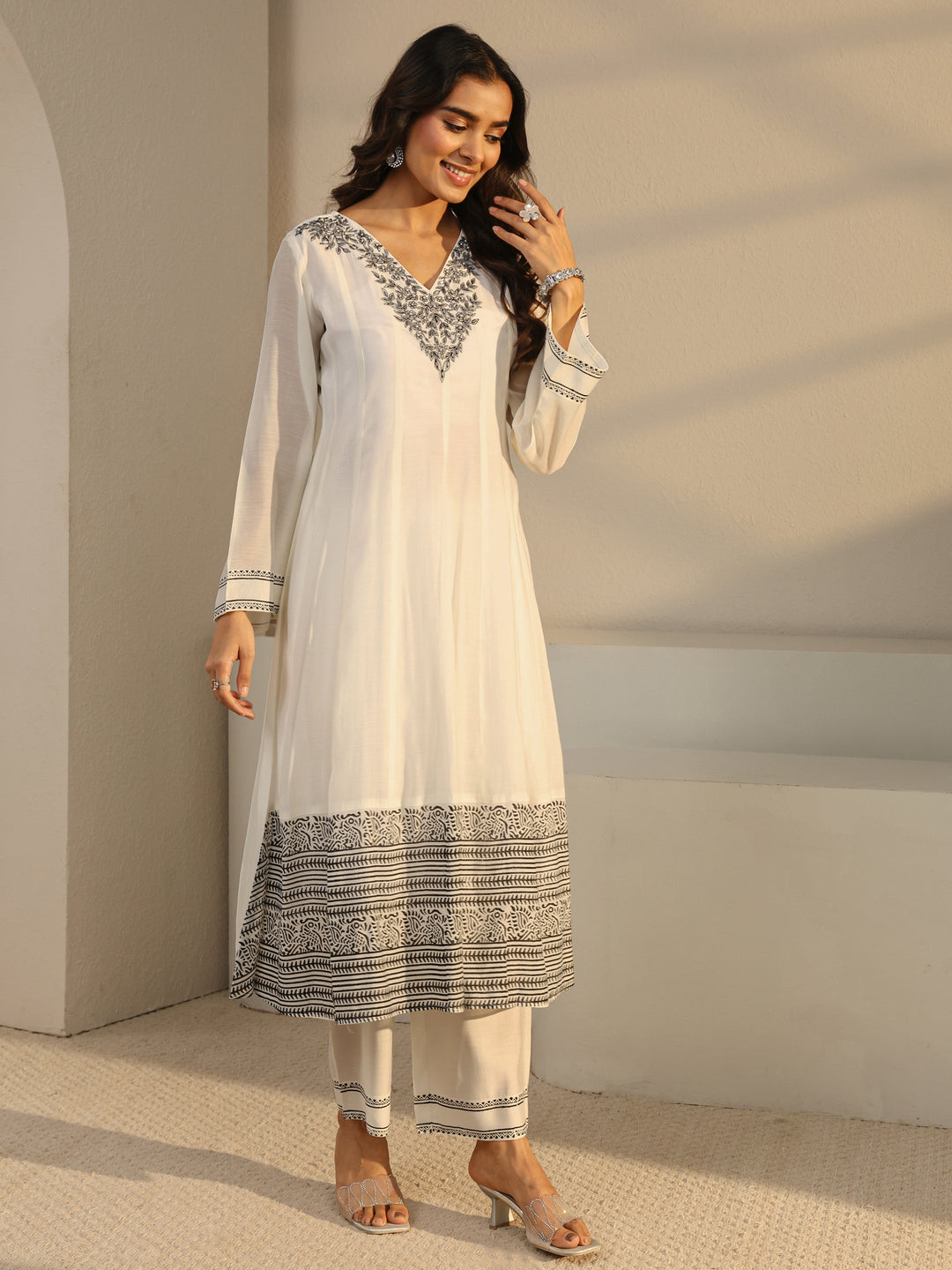  White Floral Yoke Design Chanderi Silk A-Line Suit Set With Dupatta 