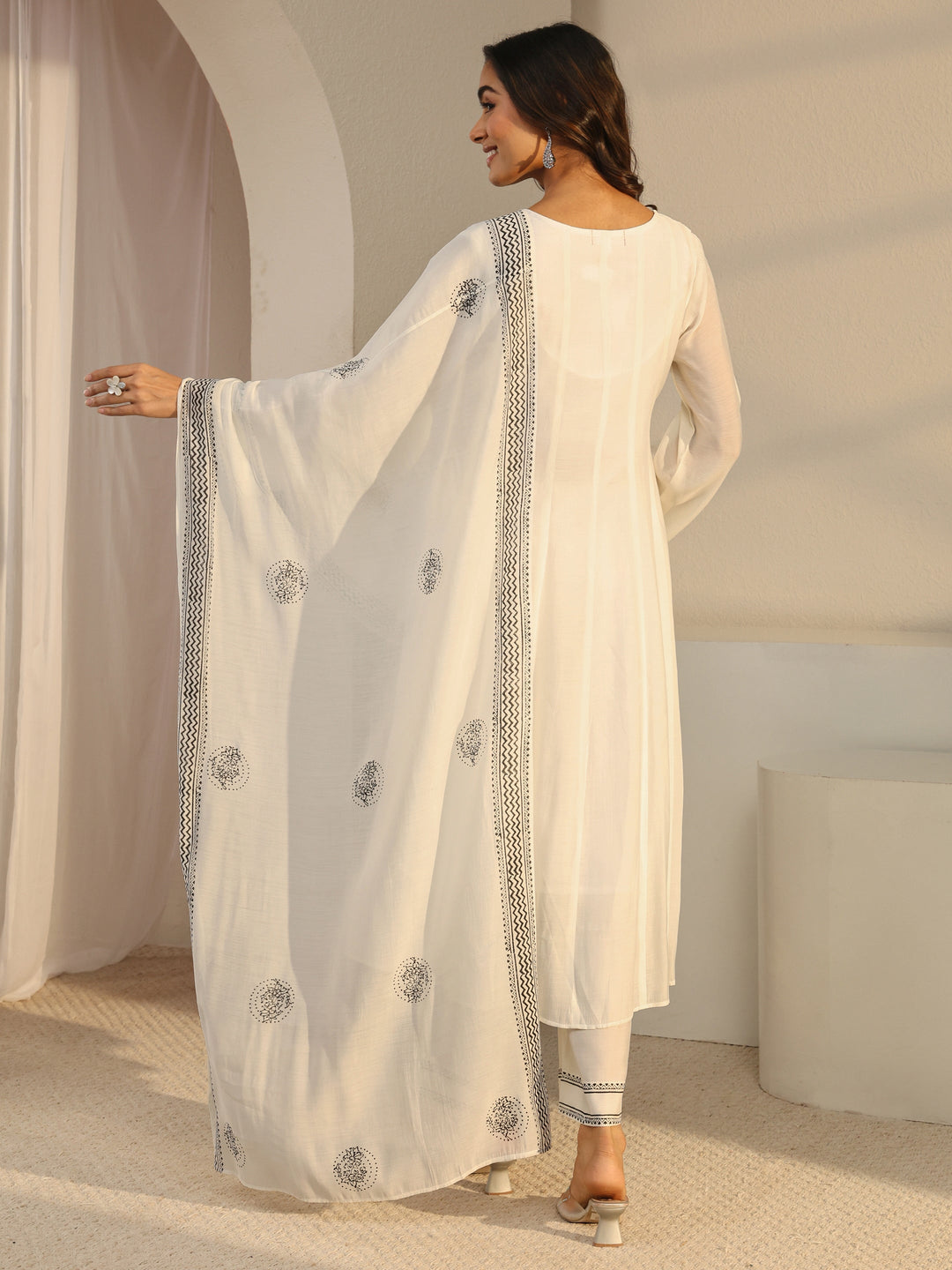  White Floral Yoke Design Chanderi Silk A-Line Suit Set With Dupatta 