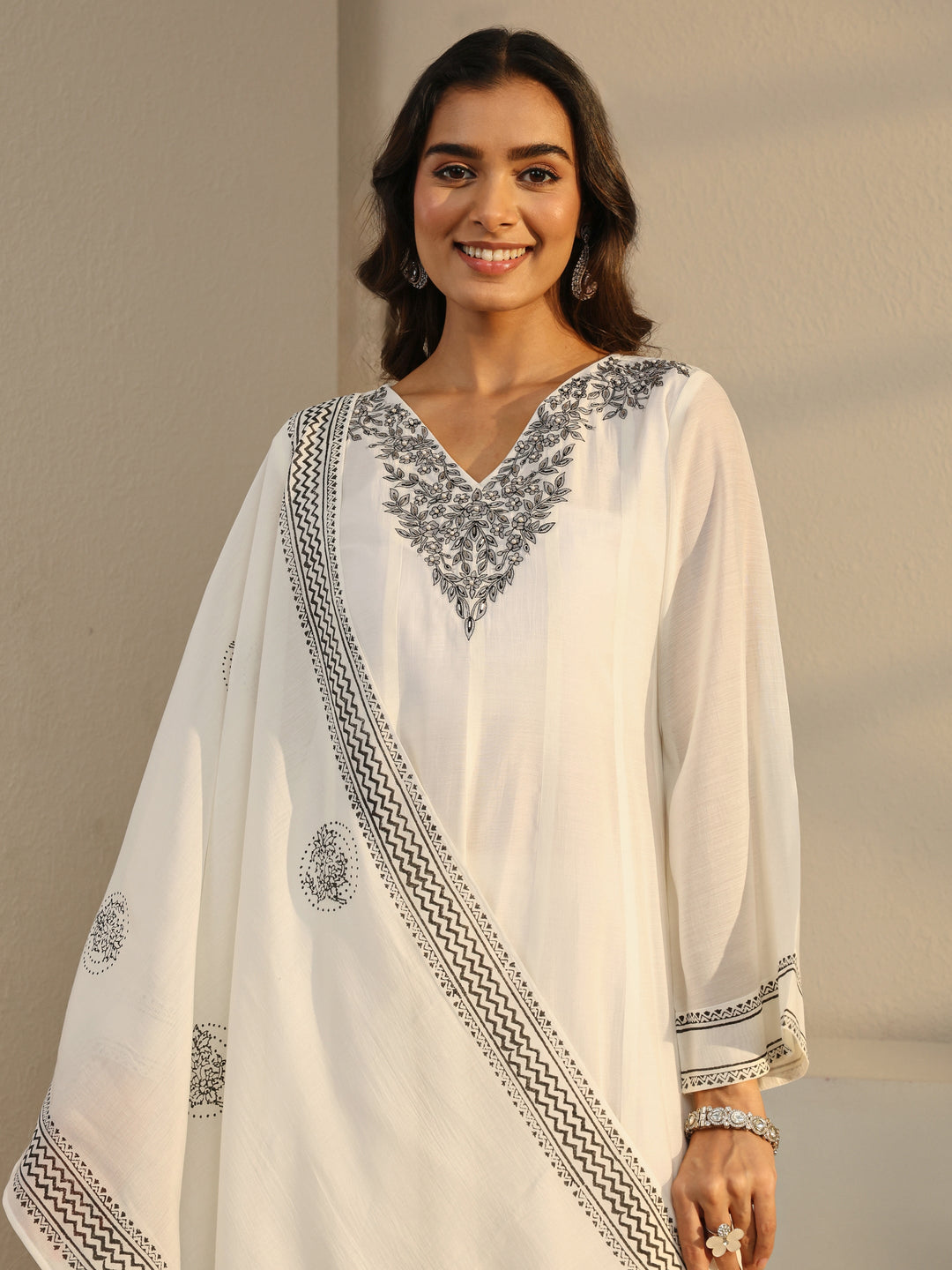  White Floral Yoke Design Chanderi Silk A-Line Suit Set With Dupatta 