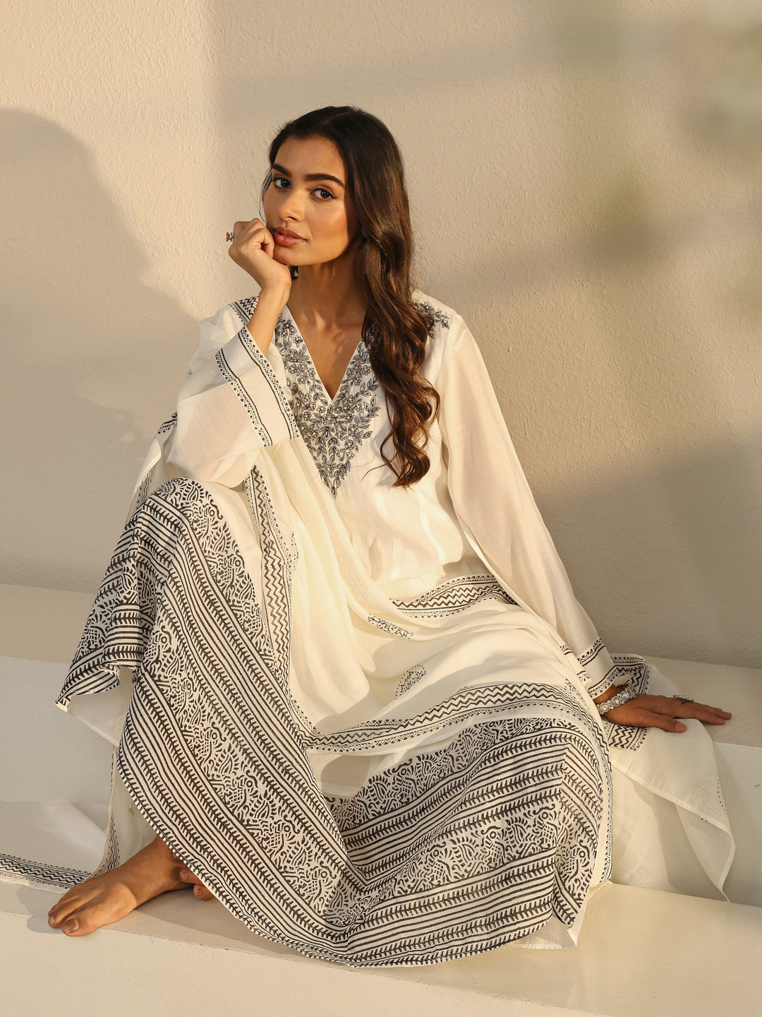  White Floral Yoke Design Chanderi Silk A-Line Suit Set With Dupatta 