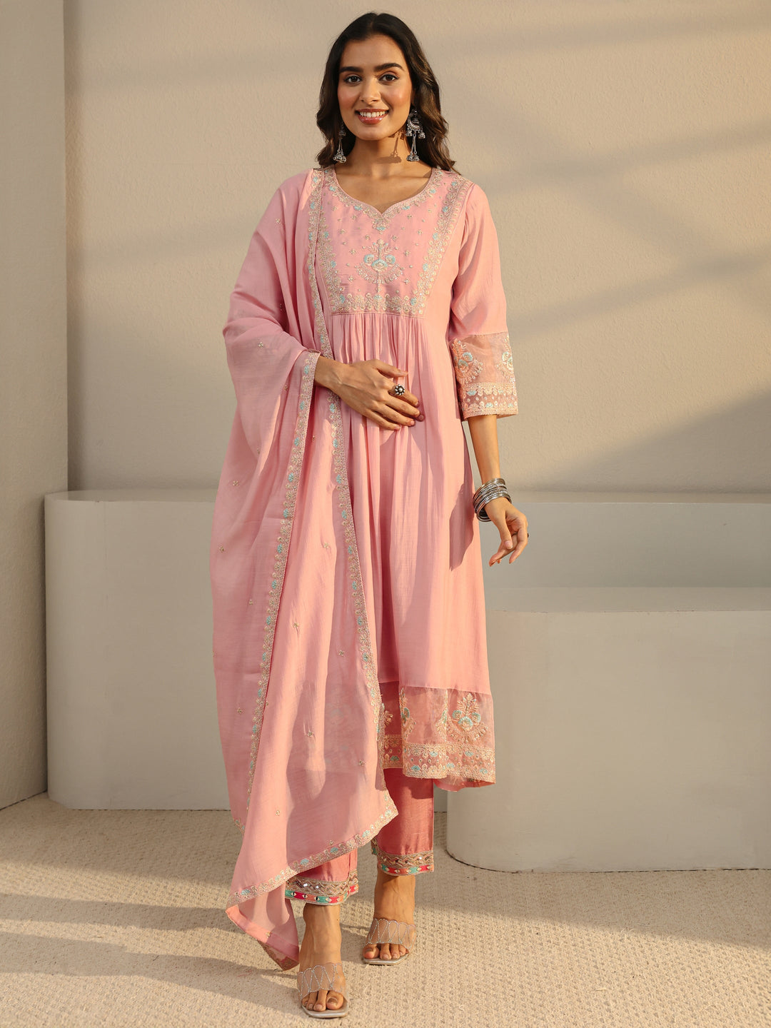  Pink Floral Yoke Design Chanderi Silk A-Line Suit Set With Dupatta 