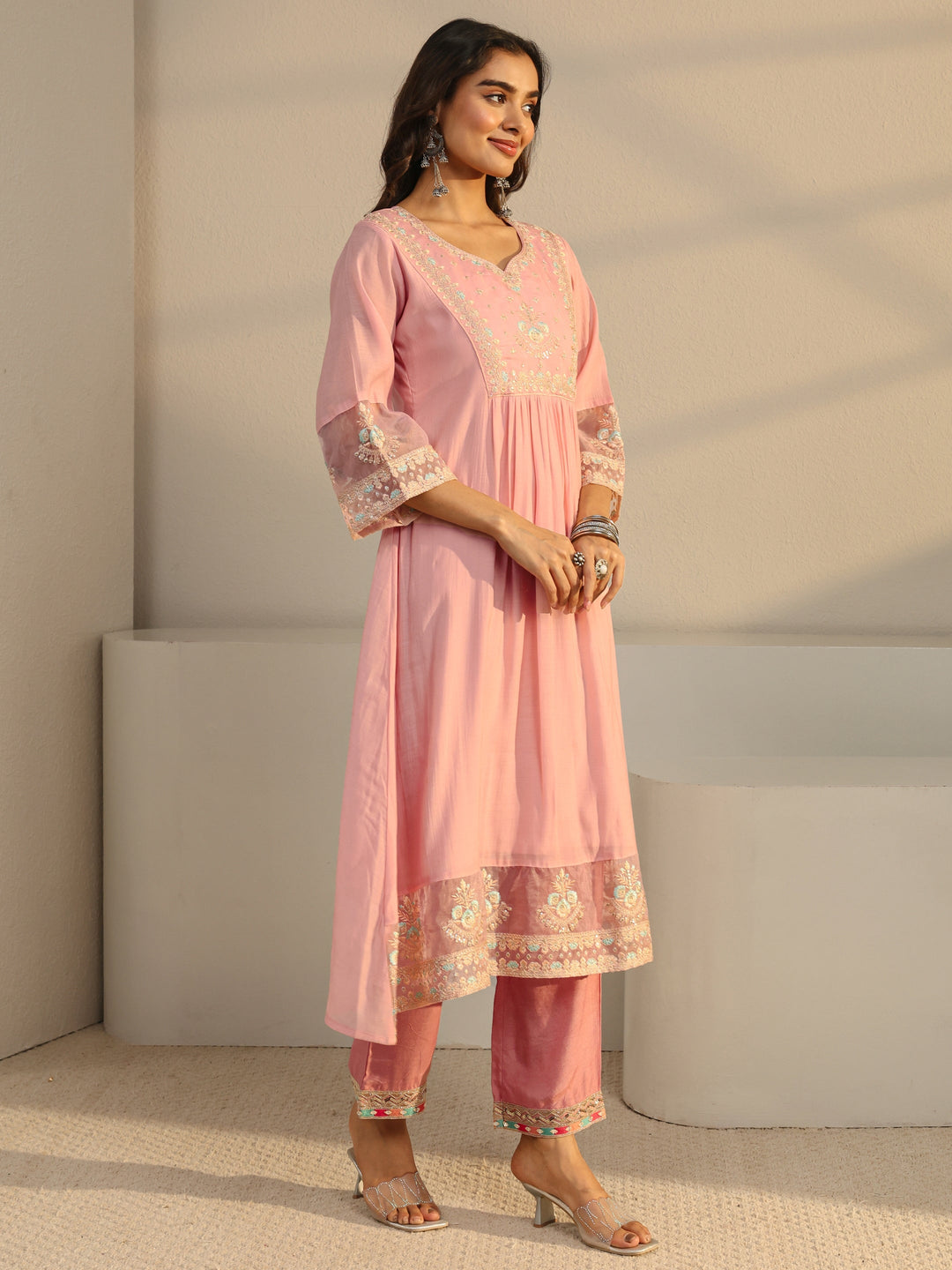  Pink Floral Yoke Design Chanderi Silk A-Line Suit Set With Dupatta 