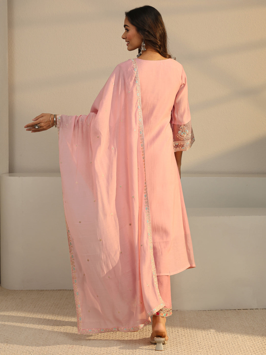  Pink Floral Yoke Design Chanderi Silk A-Line Suit Set With Dupatta 