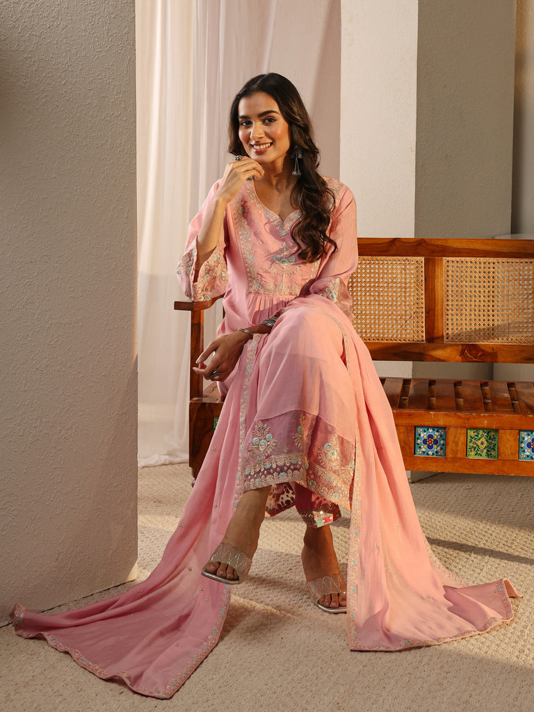 Libas Pink Floral Yoke Design Chanderi Silk A-Line Suit Set