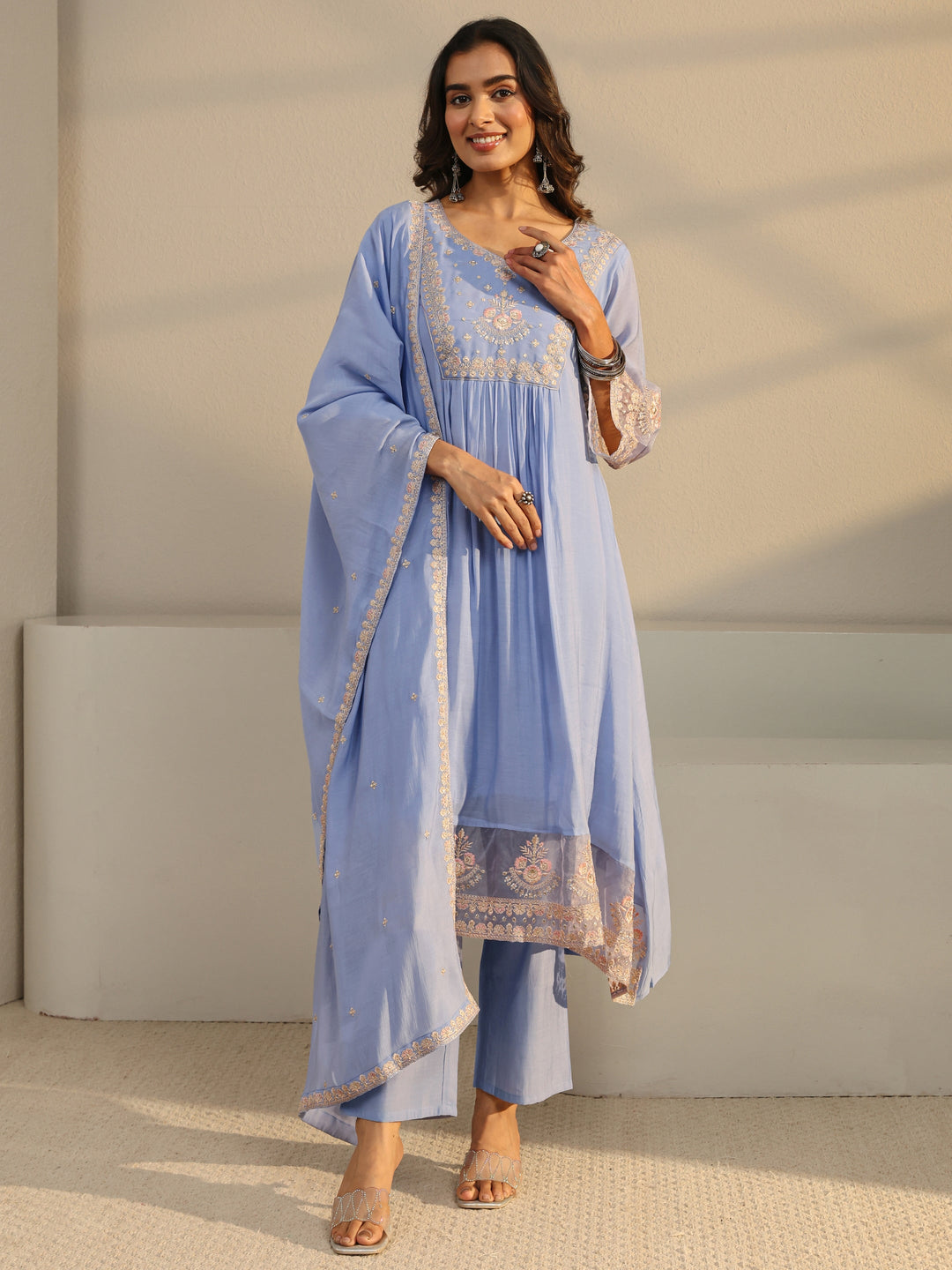  Blue Floral Yoke Design Chanderi Silk A-Line Suit Set With Dupatta 