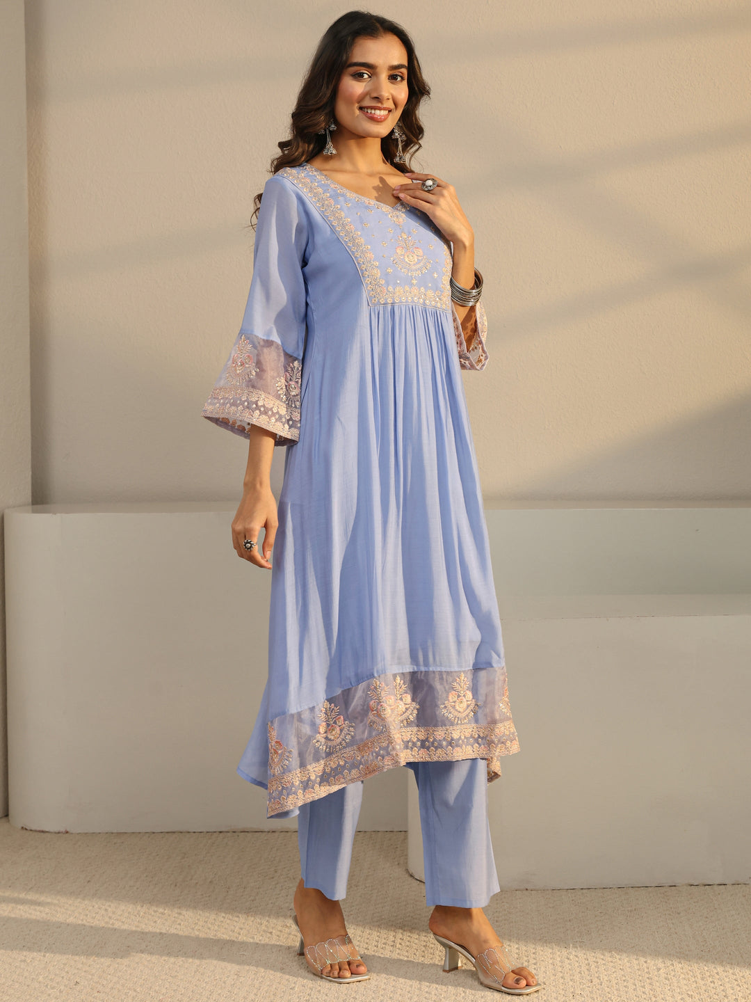  Blue Floral Yoke Design Chanderi Silk A-Line Suit Set With Dupatta 