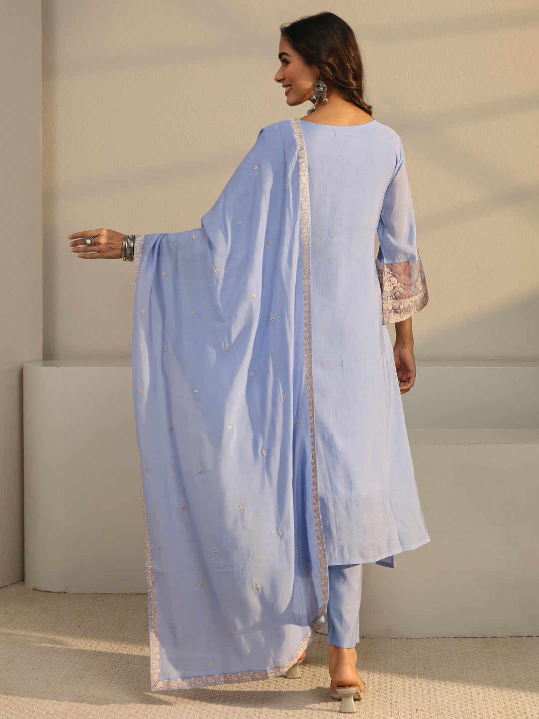  Blue Floral Yoke Design Chanderi Silk A-Line Suit Set With Dupatta 